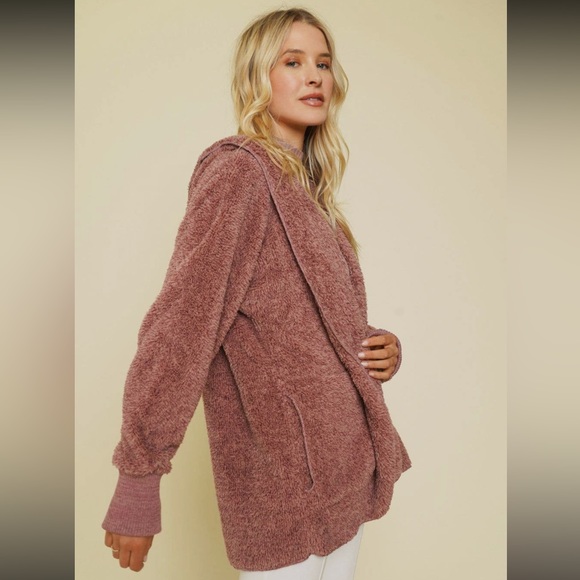 427. Oversized Hooded Cozy Open Cardigan Jacket Pockets Mauve Restocked NWT OSFM - Picture 2 of 4